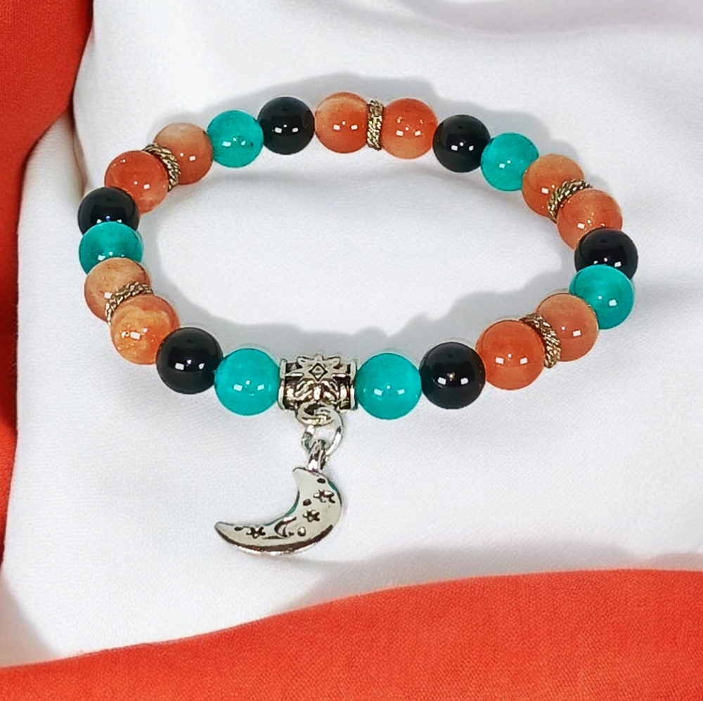 Onyx Sunstone Chrysoprase Bracelet with Crescent Moon Charm Y2K Westerncore